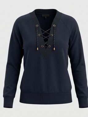 Bishop And Young Lace Up Criss Cross V-Neck Dark Navy Blue Women's Top Size S